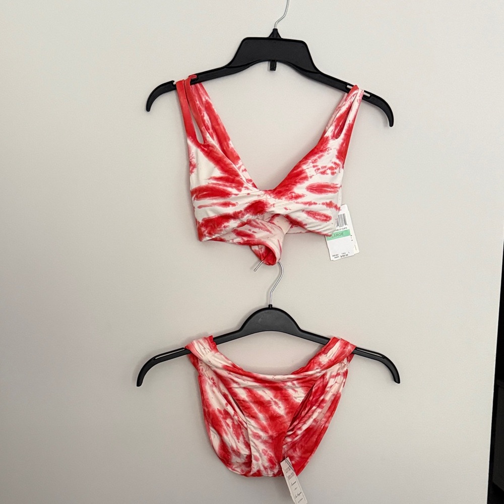 Lucky Brand Red and Cream Tie-Dye Bikini